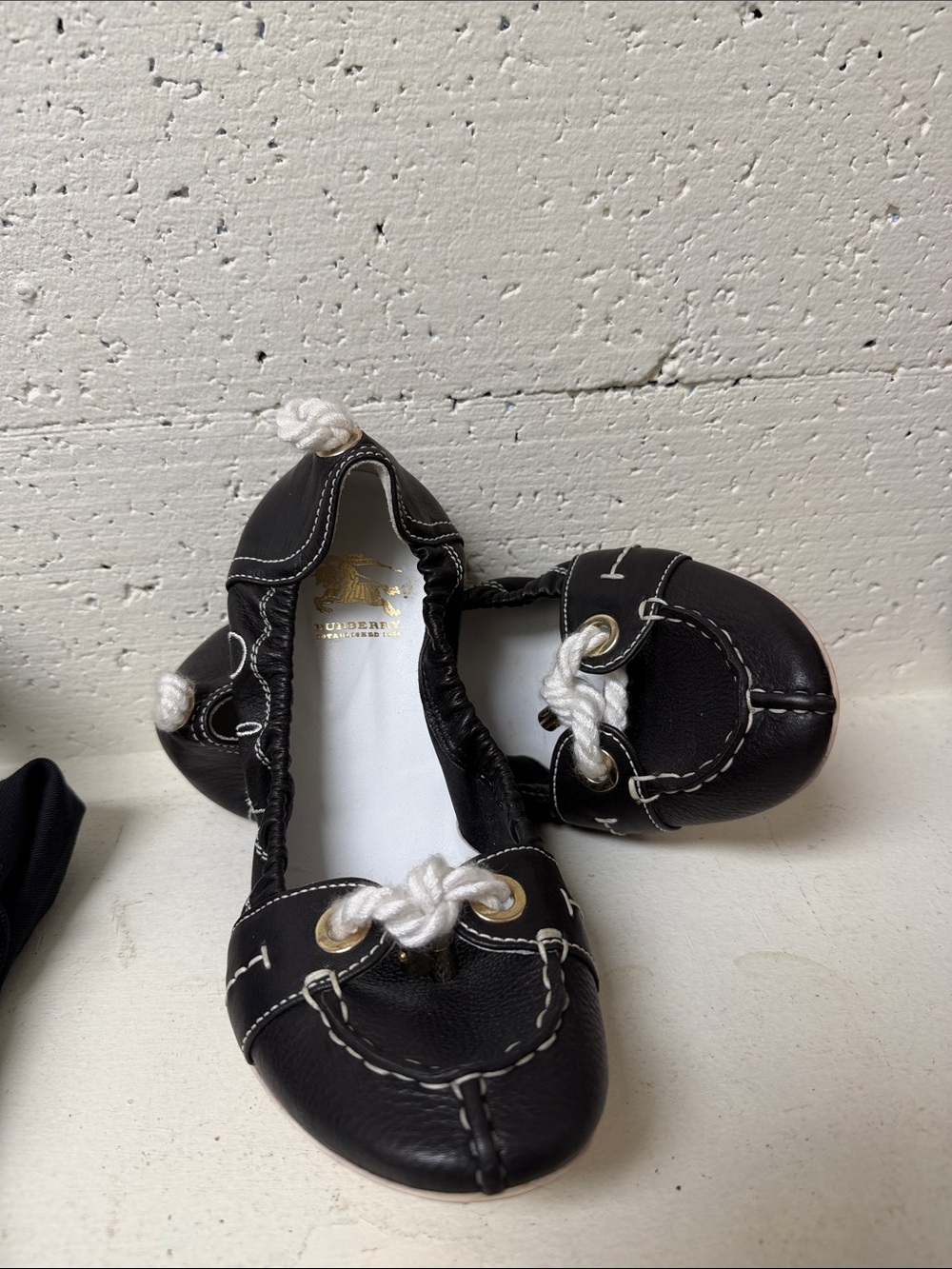 Burberry Black Leather Ballet Flats with White Rope Detail